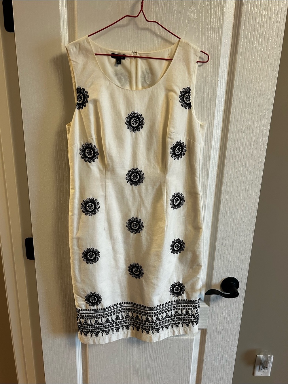 Talbots Cream Shift Dress with Black Embroidered Medallions